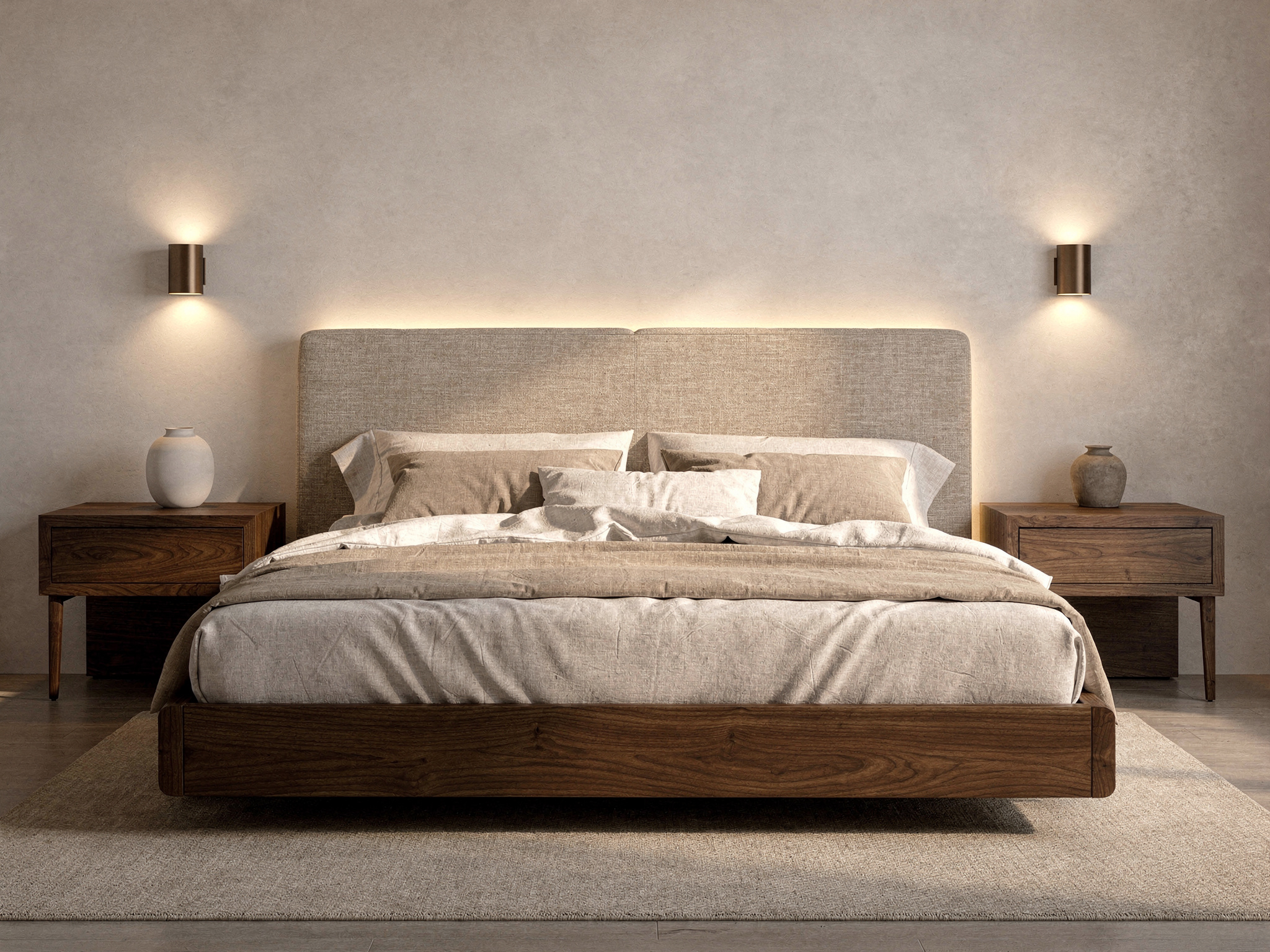 Camera da letto elegante con letto in legno e testiera imbottita