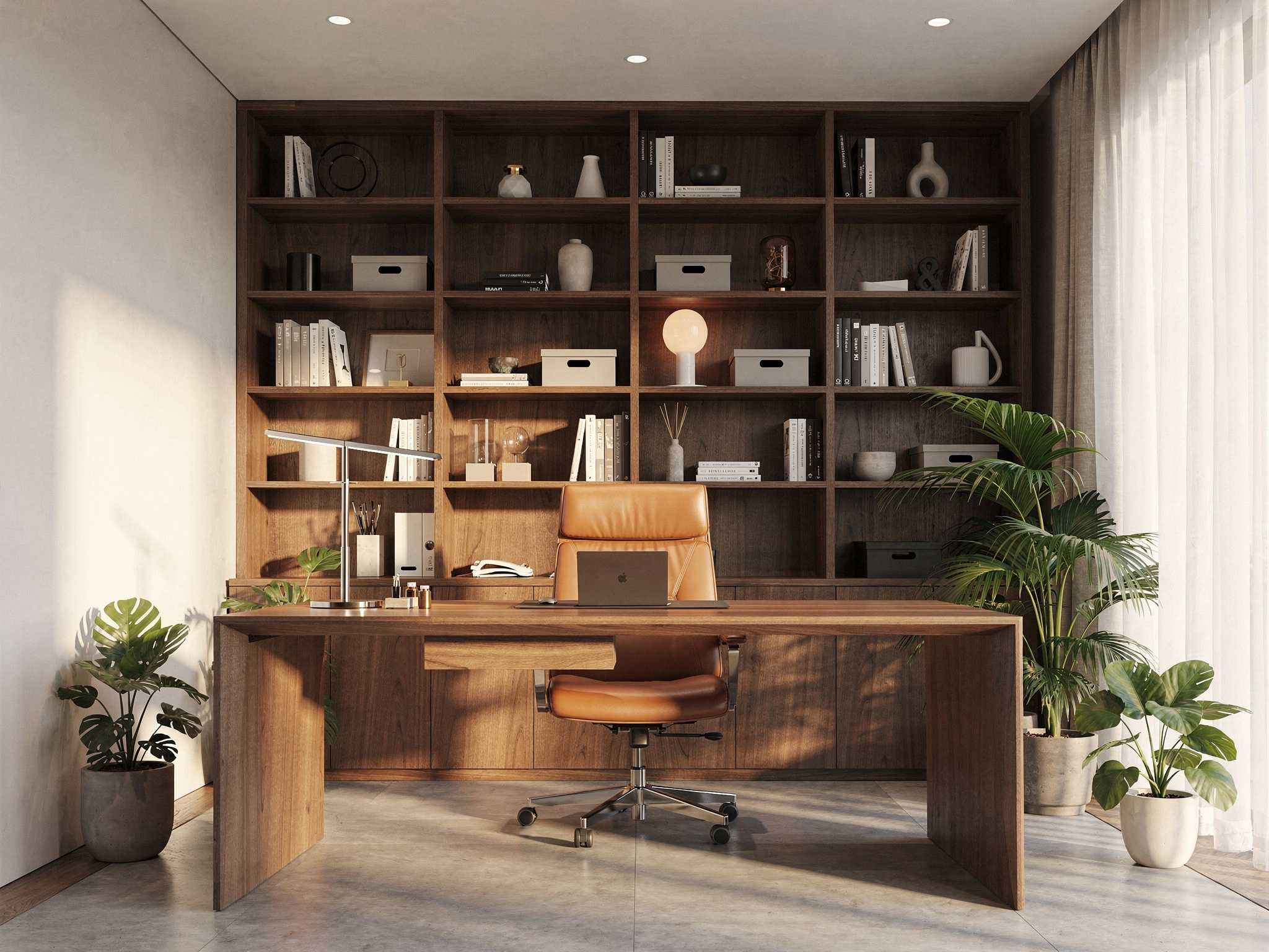 Ufficio domestico con scrivania in noce e libreria su misura